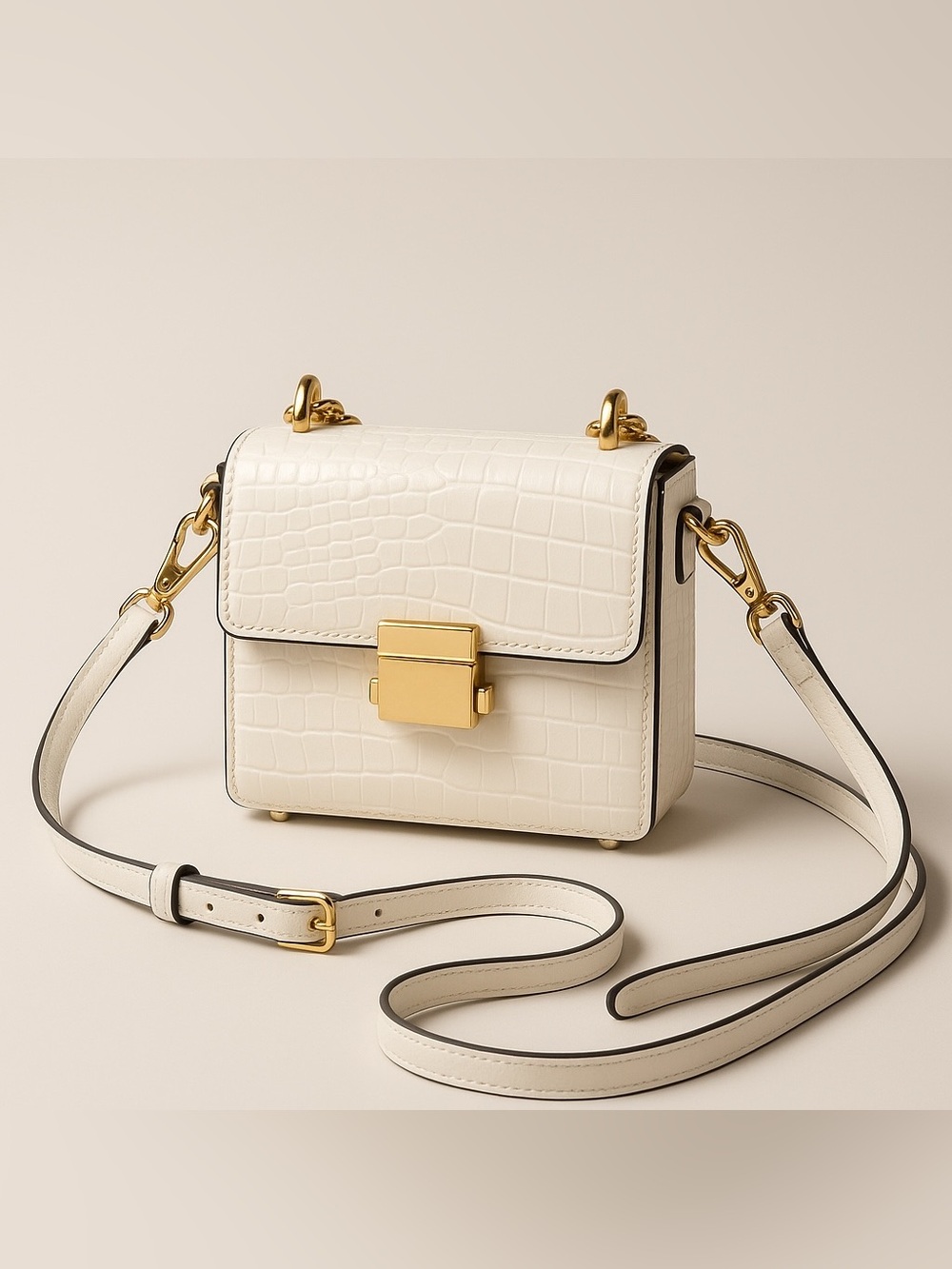 ALDO White Croc Embossed Crossbody Top Handle Bag Gold Hardware